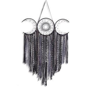 Black Triple Moon Goddess Macrame Wall Hanging, Boho Large Dream Catcher